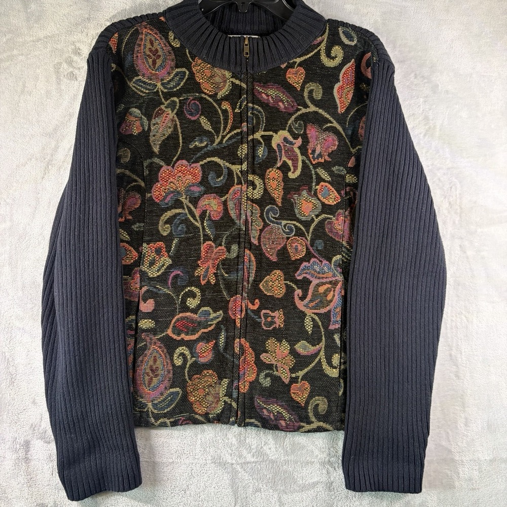 Tapestry Floral Zip‎ Sweater Jacket Ribbed Knit Cottagecore Boho Womens L